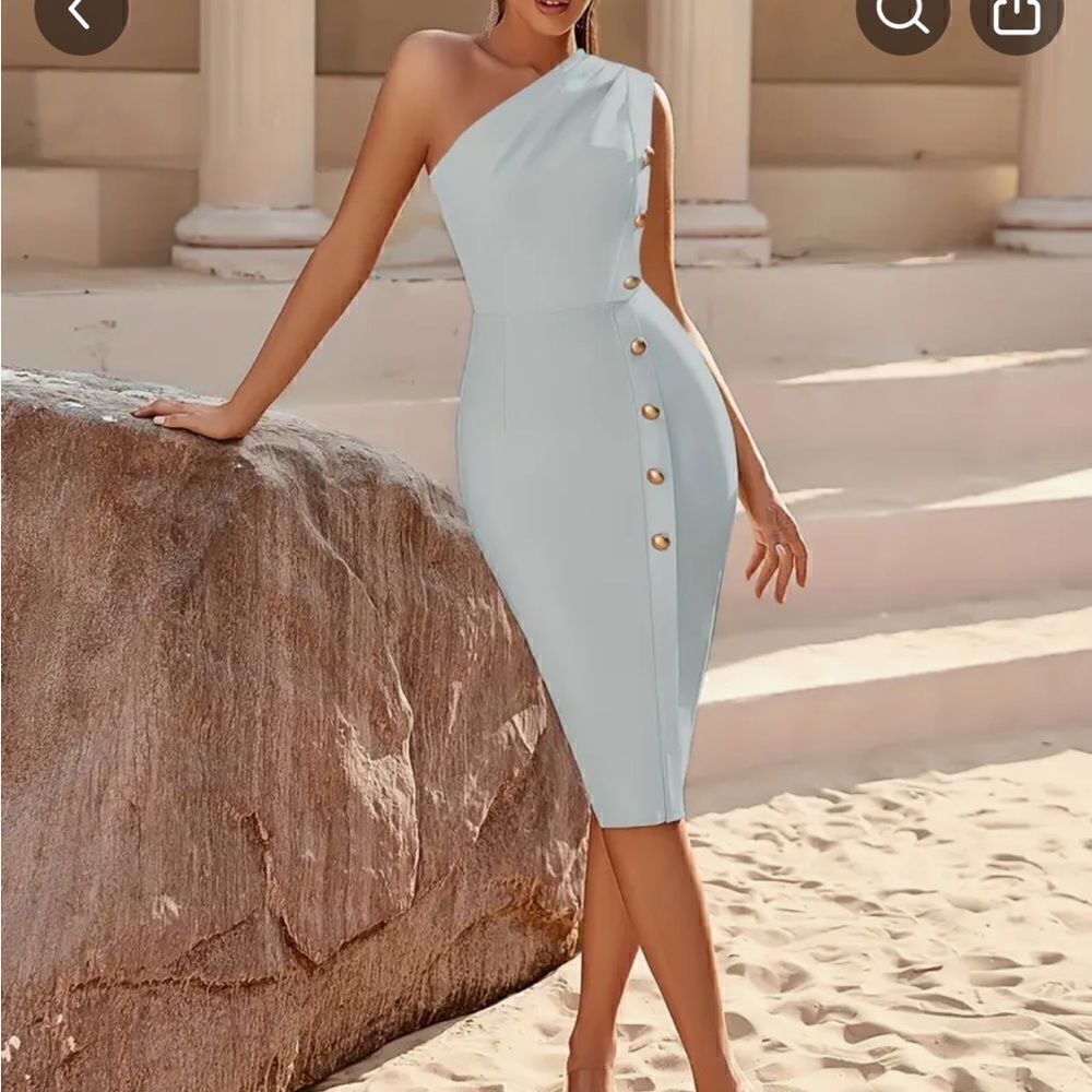 Powder blue bandage bodycon one-shoulder gold button detail dress - XS, new